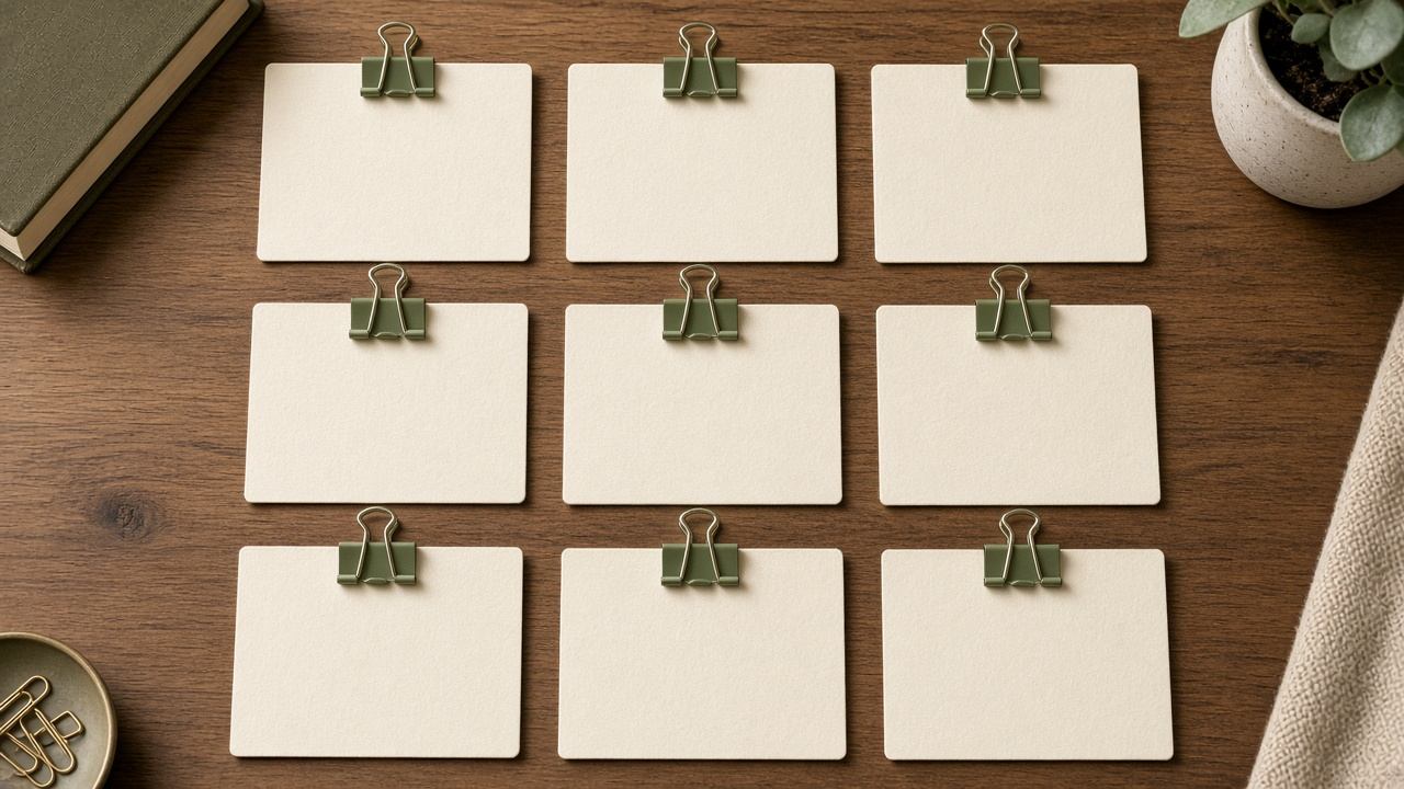 Alphabetical research term cards on a cream desk