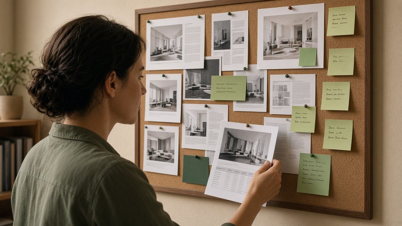 Analyst reviewing competitor messaging boards and market notes