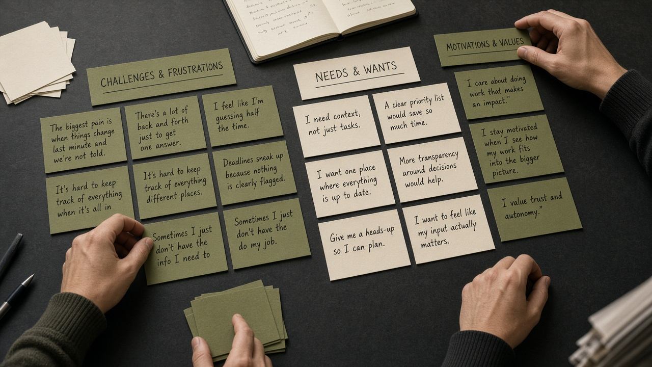 Affinity clusters of interview quotes on an olive research board