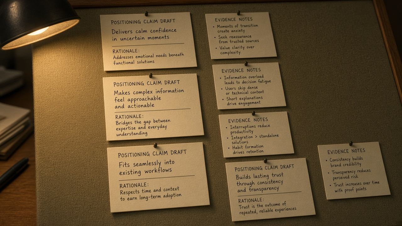 Positioning claim drafts pinned beside research evidence cards