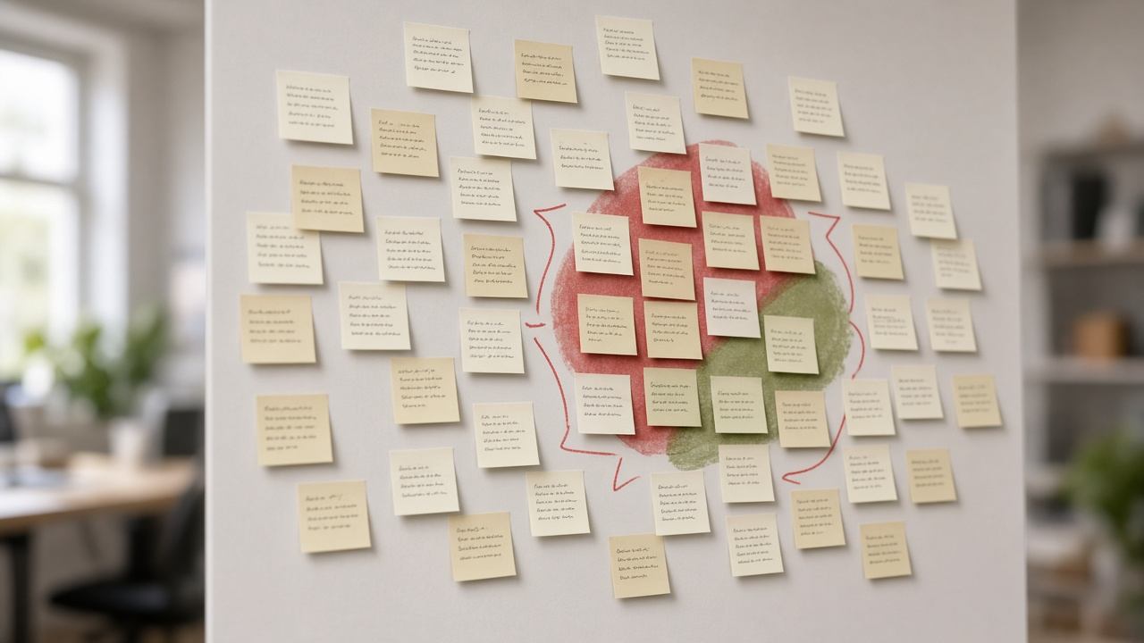 Sticky notes marking hesitation points on a research wall
